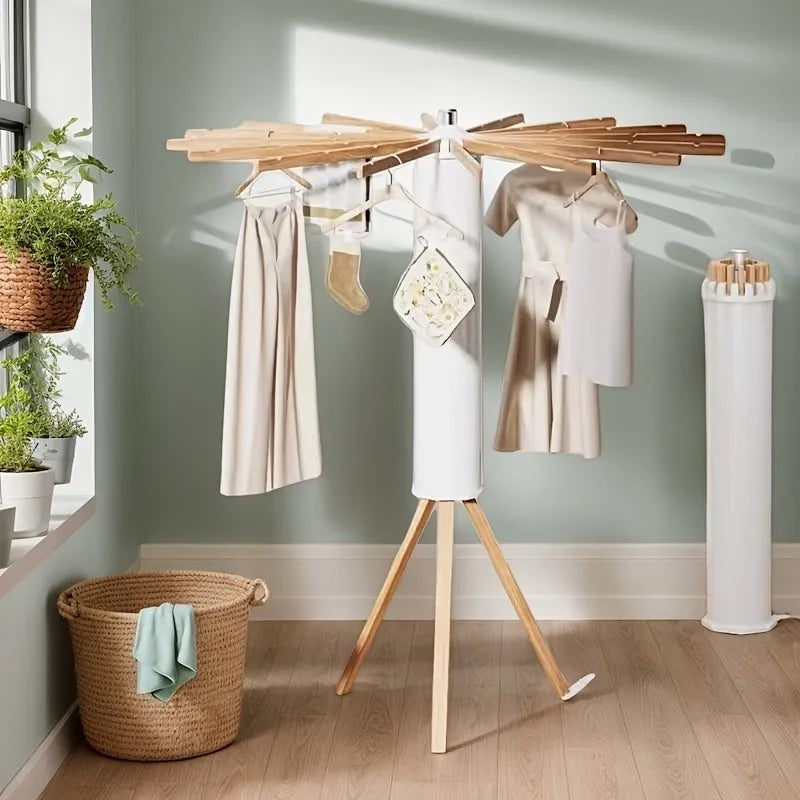 Omni Octopus Foldable Clothes Drying Rack | Space-Saving Tripod Laundry Stand (Natural Wood)