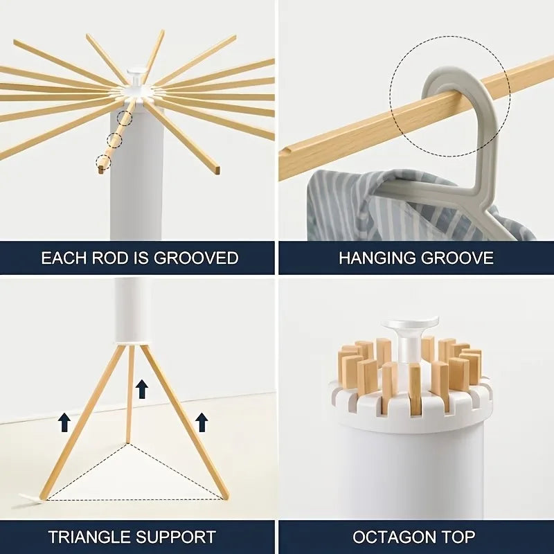 Omni Octopus Foldable Clothes Drying Rack | Space-Saving Tripod Laundry Stand (Natural Wood)
